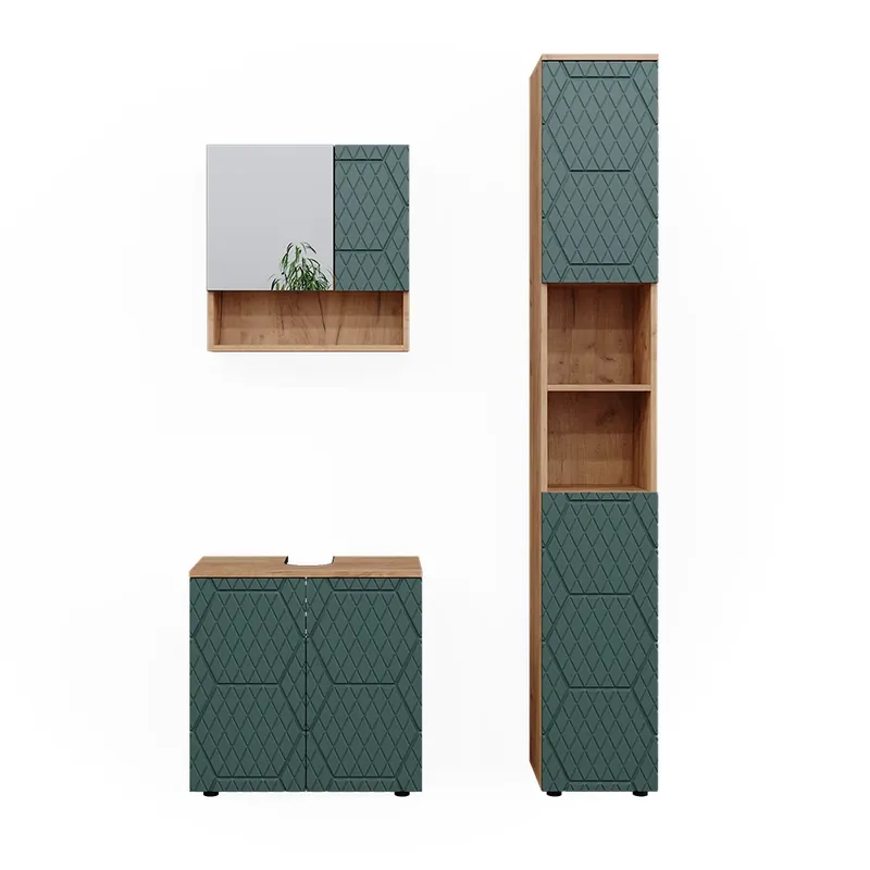 Preț mic Set mobilier baie Irma Stejar verde/Goldkraft 3 părți, cu dulap înalt Vicco