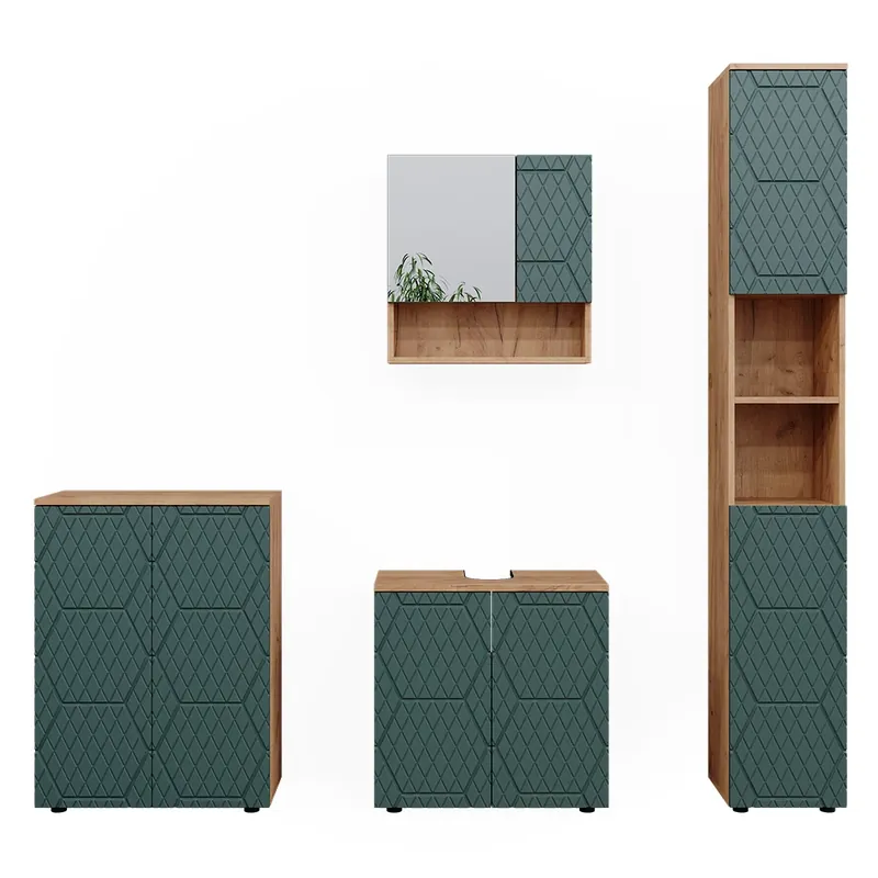 Set mobilier baie Irma Stejar verde/Goldkraft 4 părți, cu dulap înalt și comodă Vicco Reducere specială