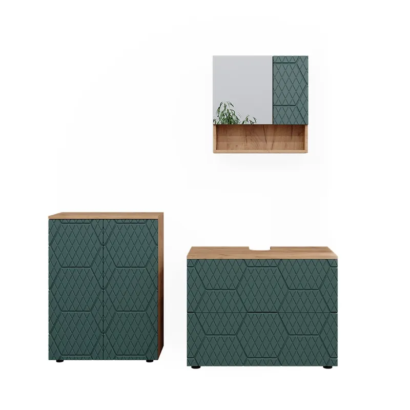 Set mobilier baie Irma Stejar verde/Goldkraft 3 părți, cu dulap de bază 80 cm Vicco Cumpărături sigure