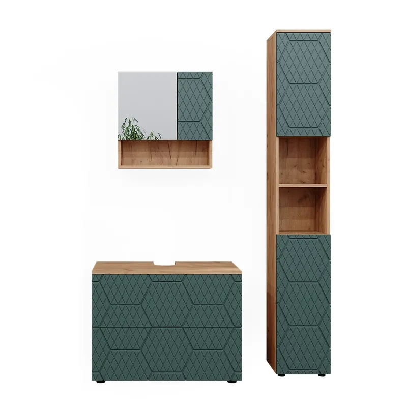 Cumpără acum Set mobilier baie Irma Stejar verde/Goldkraft 3 părți, cu dulap cu sertare și dulap înalt Vicco