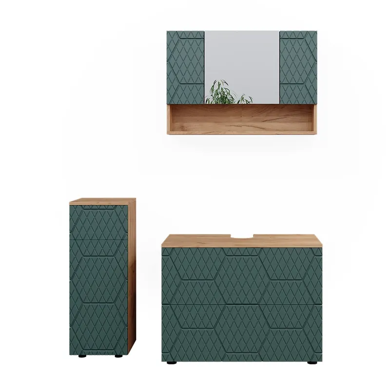 Ofertă specială Set mobilier baie Irma Stejar verde/Goldkraft 3 părți, cu dulap cu sertare și dulap midi Vicco