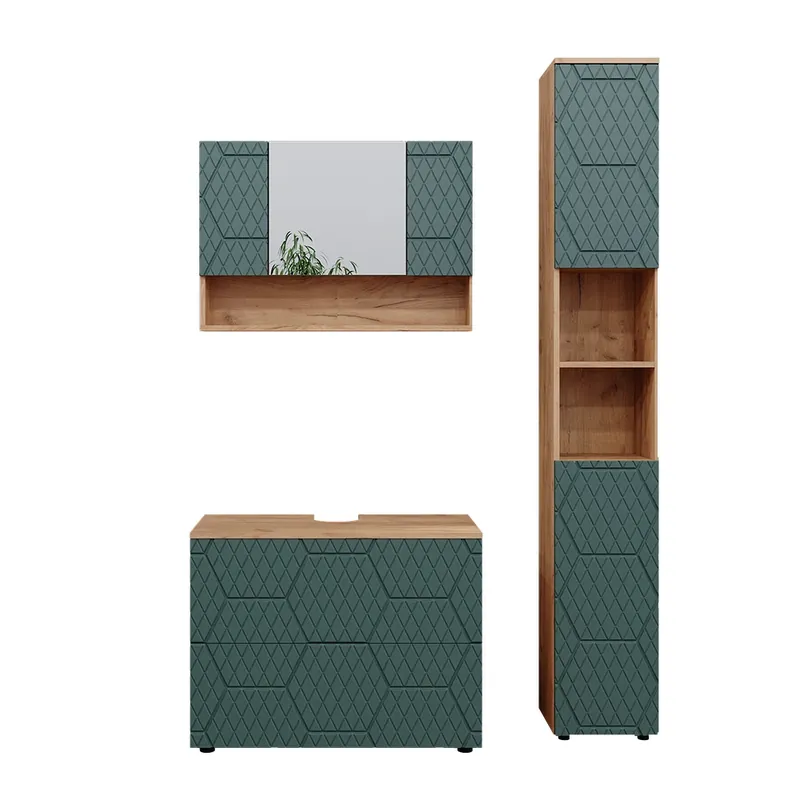 Set mobilier baie Irma Stejar verde/Goldkraft 3 piese, cu dulap oglinda 80 cm Vicco Lichidare de stoc