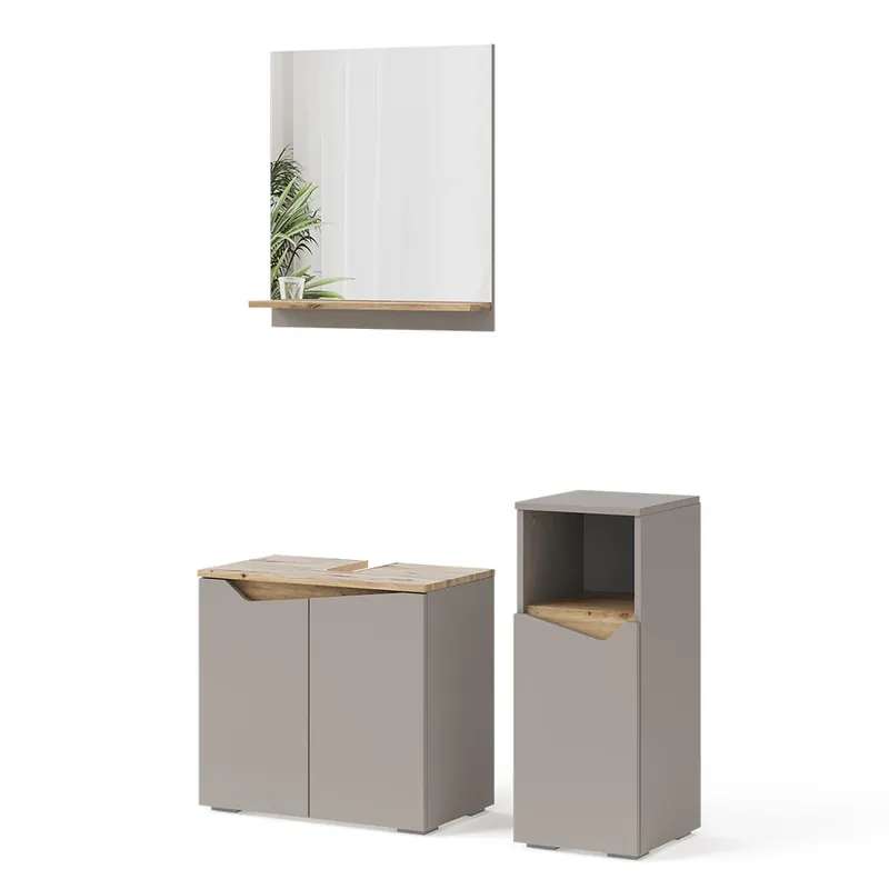Preț promoțional Set mobilier baie Marelle Greige 3 piese, cu dulap midi Vicco