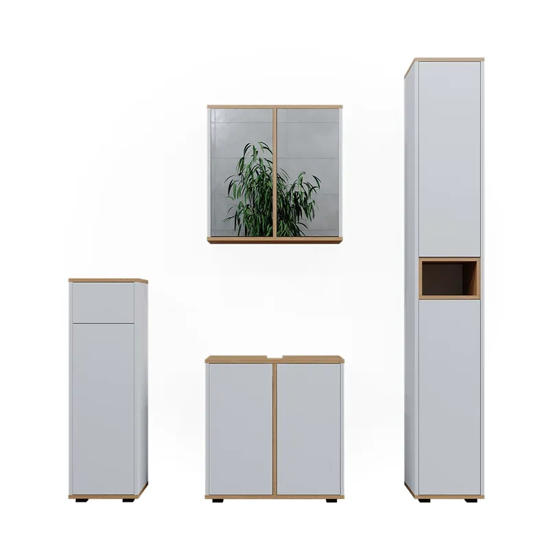Ultima șansă Set mobilier baie Didi Alb/Artisan 4 părți, cu dulap înalt și dulap midi cu sertare Vicco