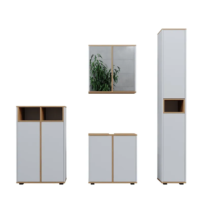 Preferatul clienților Set mobilier baie Didi Alb/Artisan 4 părți, cu dulap înalt și dulap midi cu uși Vicco