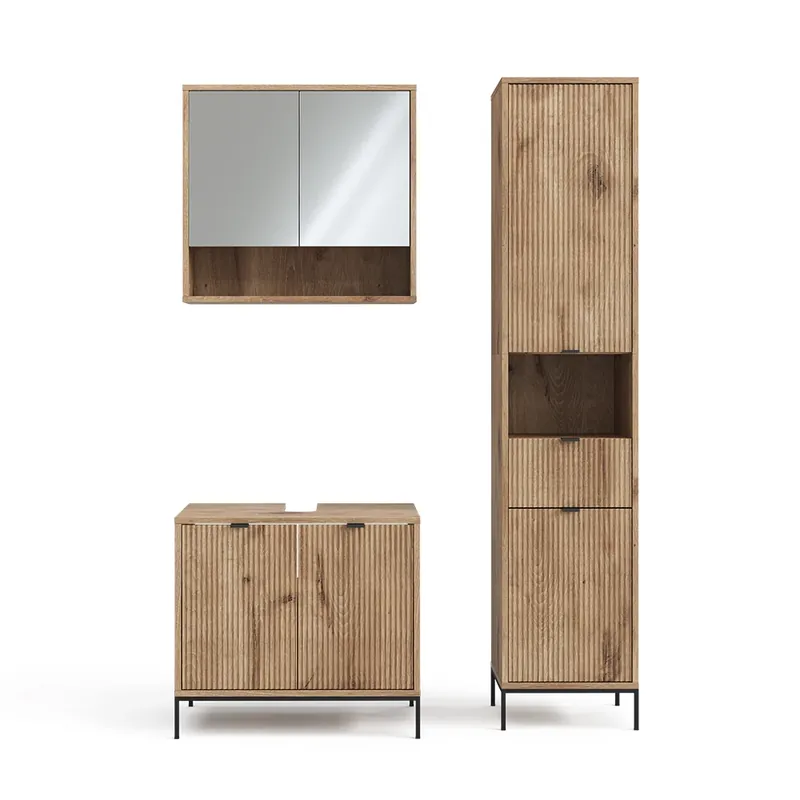 Disponibil imediat Set mobilier baie Eliza Stejar viking 3 părți, cu dulap înalt Vicco