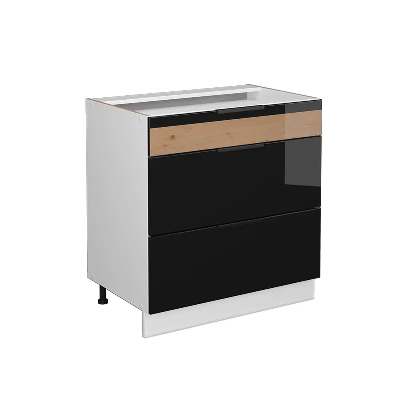 Ofertă exclusivă Dulap baie Fame-Line Stejar negru lucios/alb 80x82 cm cu 3 sertare, fara blat Vicco