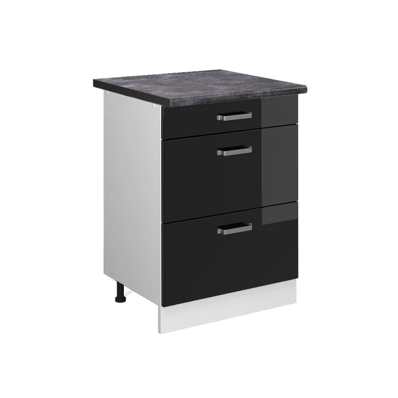 Ofertă specială Dulap de bază de bucătărie R-Line Negru lucios ridicat 60 cm cu sertare, AP antracit Vicco