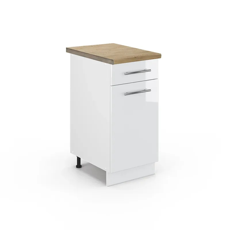Preferatul clienților Dulap de bază de bucătărie Fame-Line Alb lucios ridicat 40 cm , AP Stejar Vicco