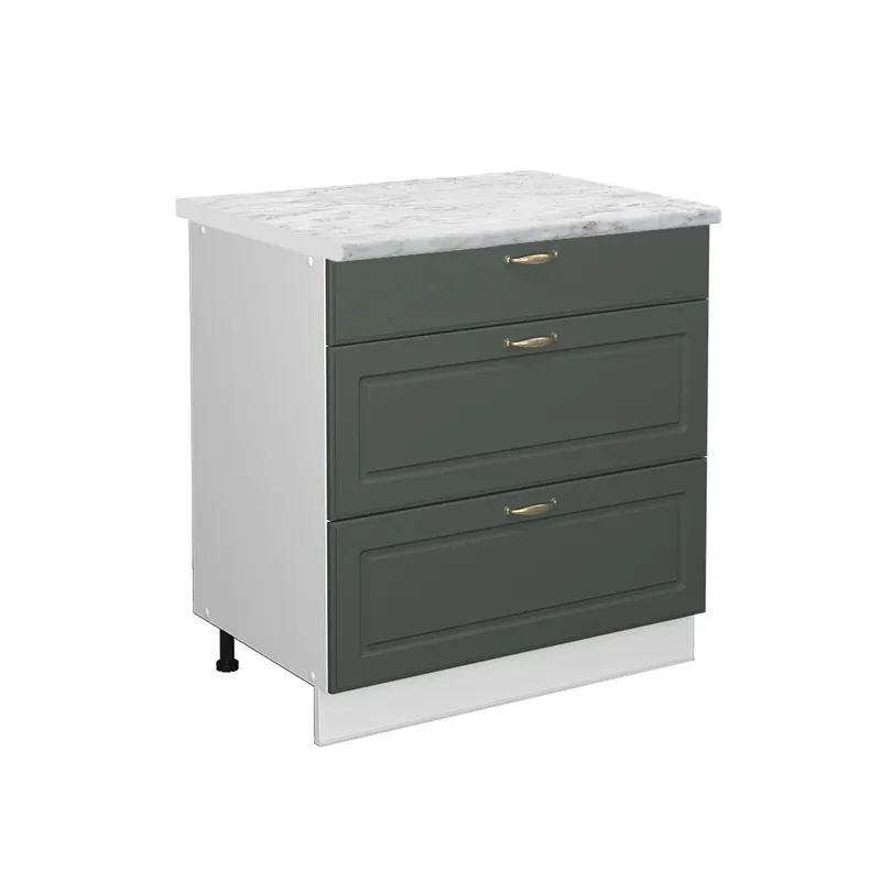 Lichidare de stoc Dulap de bază de bucătărie Fame-Line Casă de țară verde și aurie 80 cm cu 3 sertare, marmura AP Vicco