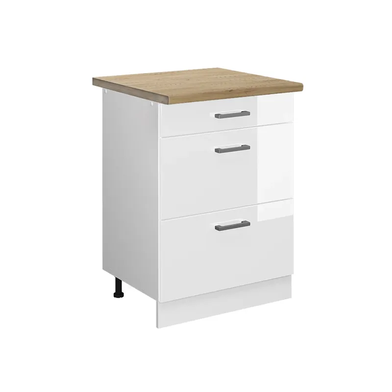 Disponibil imediat Dulap de bază de bucătărie R-Line Alb lucios ridicat 60 cm cu sertare, stejar AP Vicco