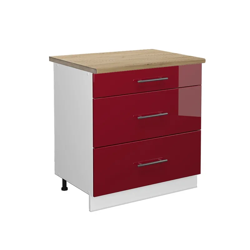 Popular Dulap de bază de bucătărie Fame-Line Bordeaux lucios ridicat 80 cm cu 3 sertare, stejar AP Vicco