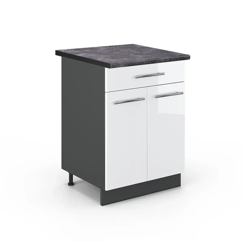 Noutate Dulap de bază de bucătărie Fame-Line Alb lucios ridicat 60 cm cu sertar, AP antracit Vicco
