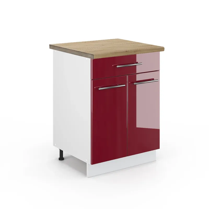 Plată securizată Dulap de bază de bucătărie Fame-Line Bordeaux lucios ridicat 60 cm cu sertar, stejar AP Vicco
