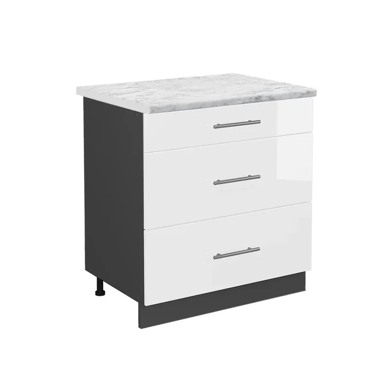 Nu rata Dulap de bază de bucătărie Fame-Line Alb lucios ridicat 80 cm cu 3 sertare, marmura AP Vicco