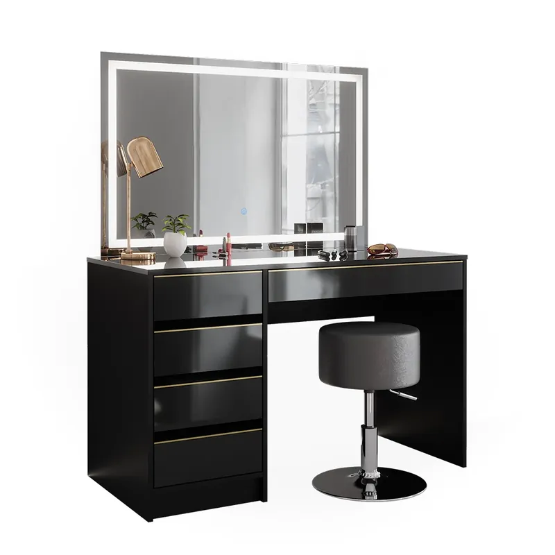 Discount Masă de toaletă Sherry Negru/Auriu 120 cm cu oglinda LED si taburet Vicco