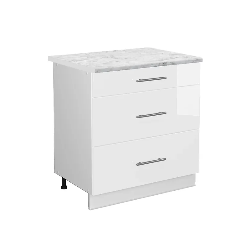 Dulap de bază de bucătărie Fame-Line Alb lucios ridicat 80 cm cu 3 sertare, marmura AP Vicco Bestseller