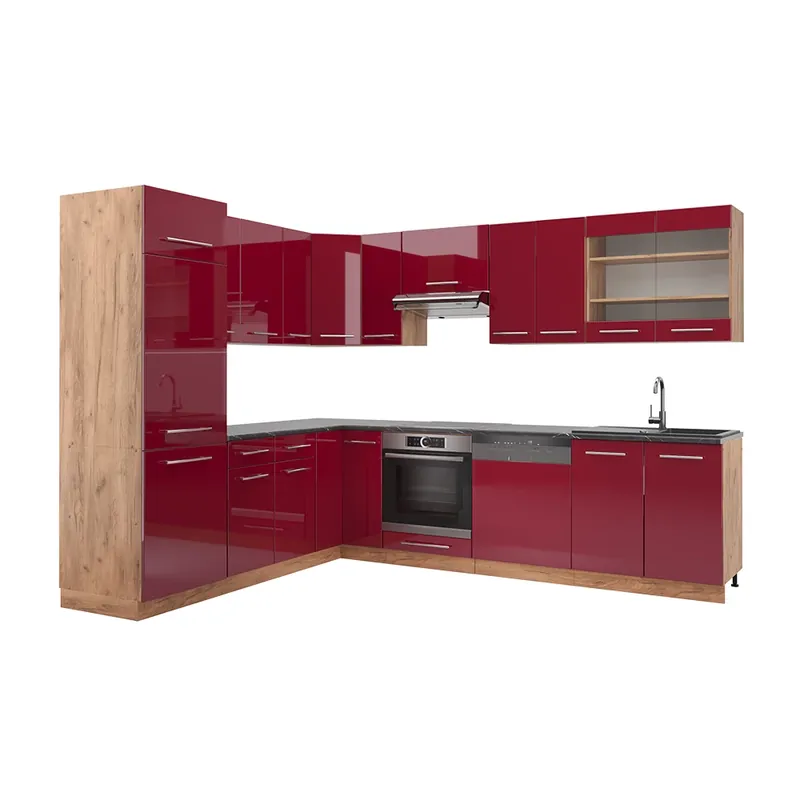 Chilipir Bucătărie de colț Fame-Line Bordeaux lucios/stejar Goldkraft 287 x 46 cm fara blat Vicco