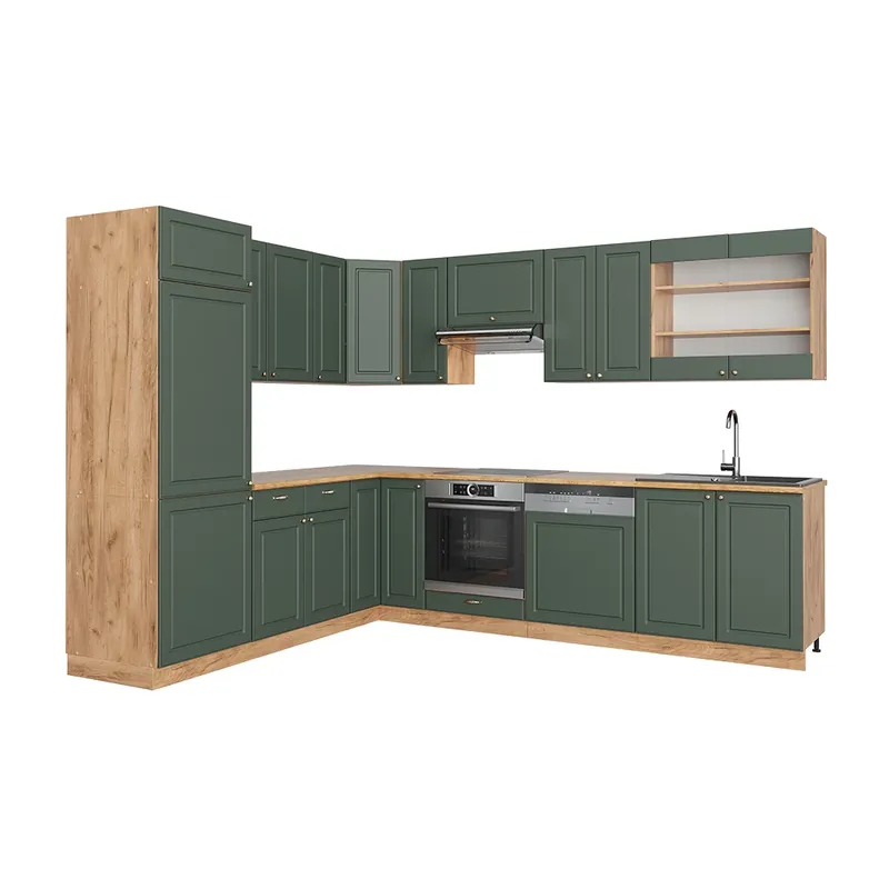 Ofertă limitată Bucătărie de colț Fame-Line Casă de țară verde-aurie/stejar Goldkraft 287 x 46 cm fara blat Vicco