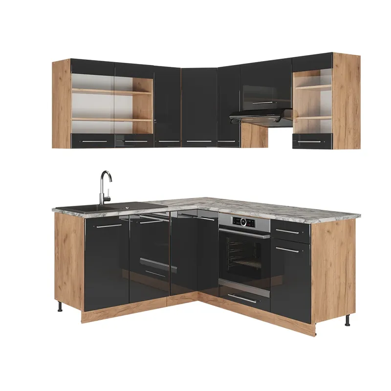 Preț redus Bucătărie de colț Fame-Line Antracit lucios/stejar Goldkraft 190 x 46 cm fara blat Vicco
