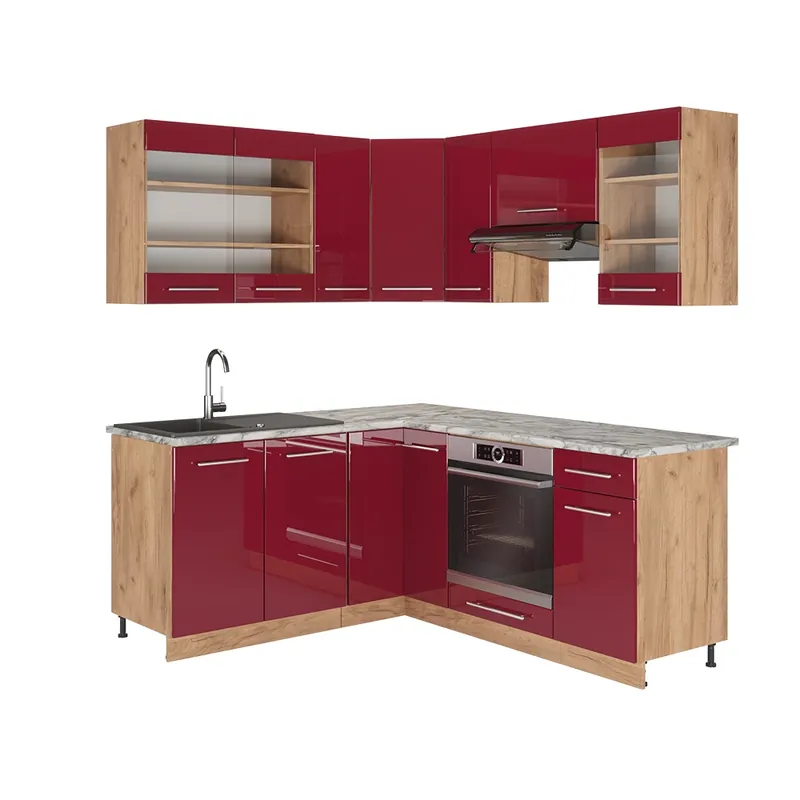 Livrare expres Bucătărie de colț Fame-Line Bordeaux lucios/stejar Goldkraft 190 x 46 cm fara blat Vicco