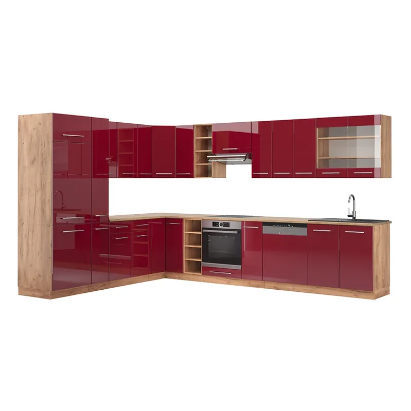 Bucătărie de colț Fame-Line Bordeaux lucios/stejar Goldkraft 347 x 46 cm fara blat Vicco Premium