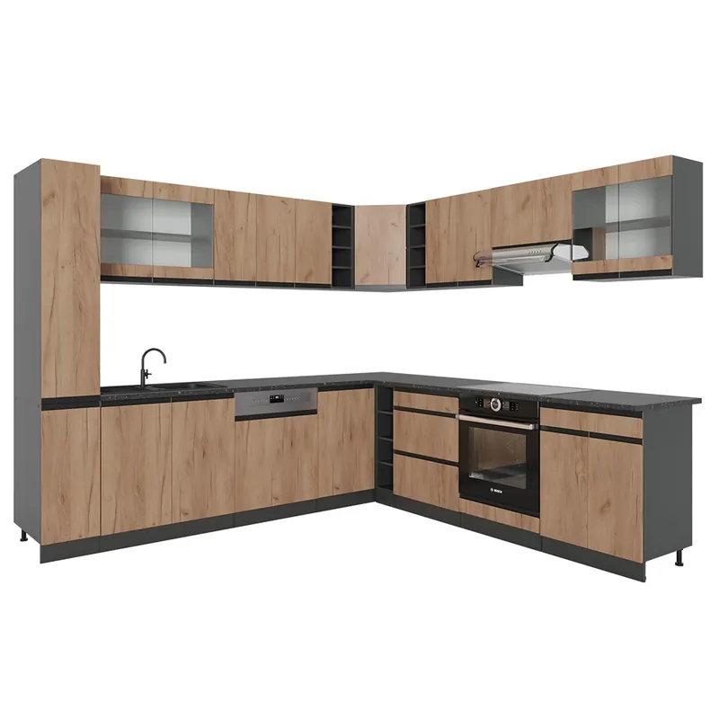 Bucătărie de colț R-Line Stejar Goldkraft 257 x 46 cm J-Shape, fără blat de lucru Vicco Cumpărături sigure