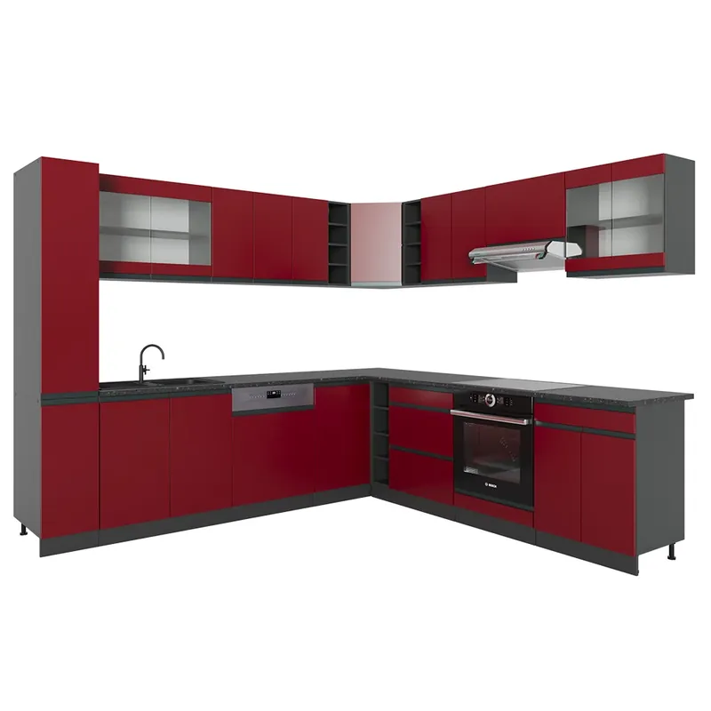 Preț redus Bucătărie de colț R-Line Roşu 257 x 46 cm J-Shape, fără blat de lucru Vicco
