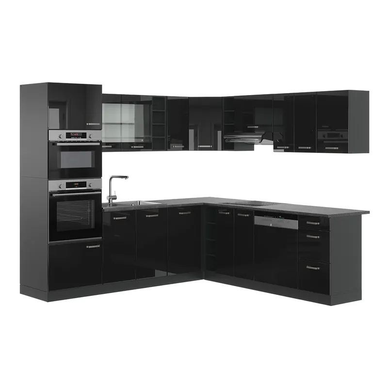 Lichidare de stoc Bucătărie de colț R-Line Negru lucios/antracit 247 x 46 cm fara blat Vicco