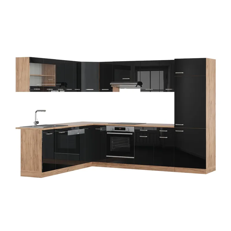 Bucătărie de colț R-Line Negru lucios/Stejar Goldkraft 287 x 46 cm fara blat Vicco Chilipir