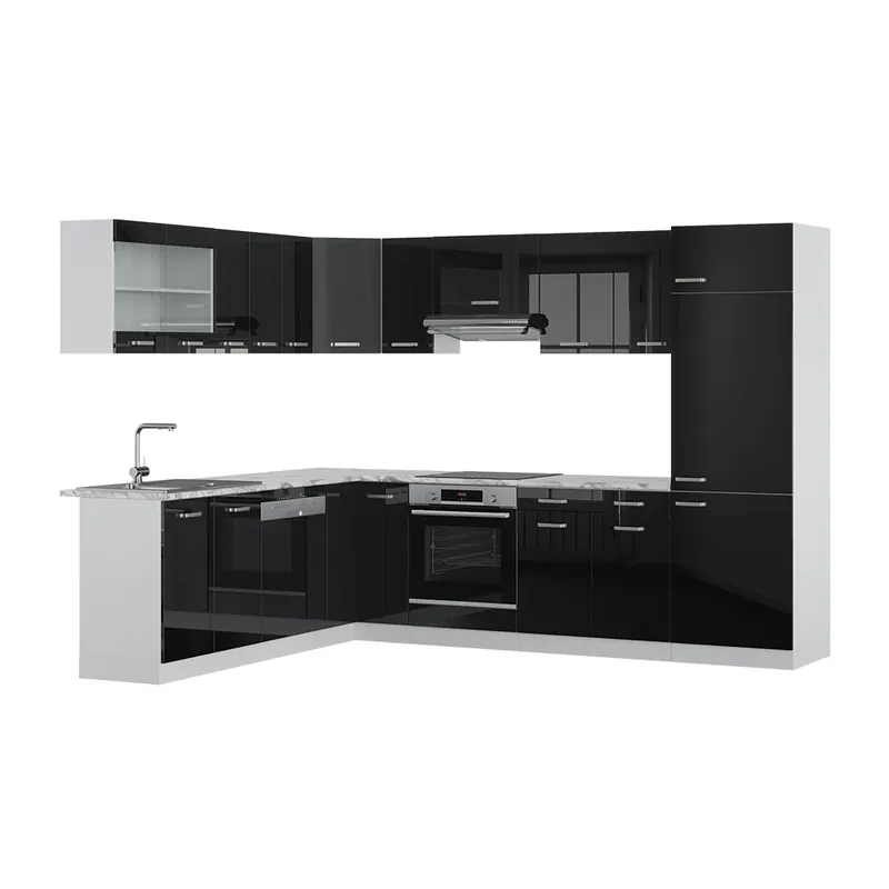 Bucătărie de colț R-Line Negru lucios/alb 287 x 46 cm fara blat Vicco Super ofertă