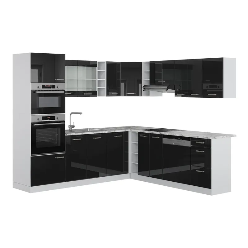 Bucătărie de colț R-Line Negru lucios/alb 247 x 46 cm fara blat Vicco Livrare rapidă