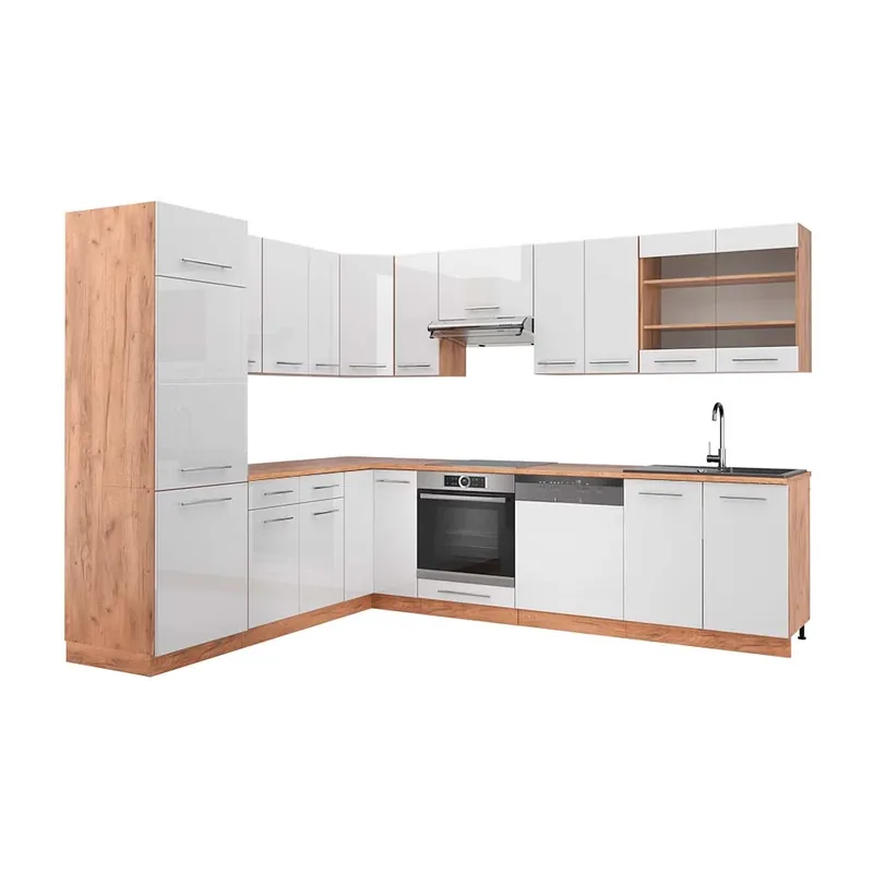 Bestseller Bucătărie de colț Fame-Line Alb lucios/stejar Goldkraft 227 x 60 cm , AP Stejar Vicco