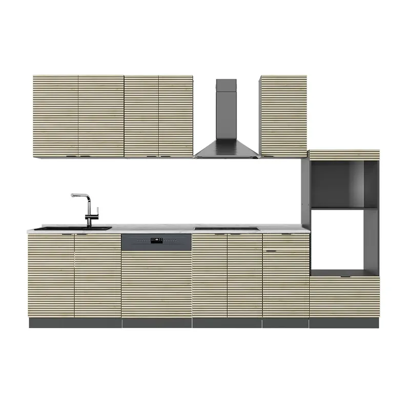 Ieftin Kitchenette Fame-Line Panou stejar/antracit 300 cm cu dulap inalt, fara blat Vicco