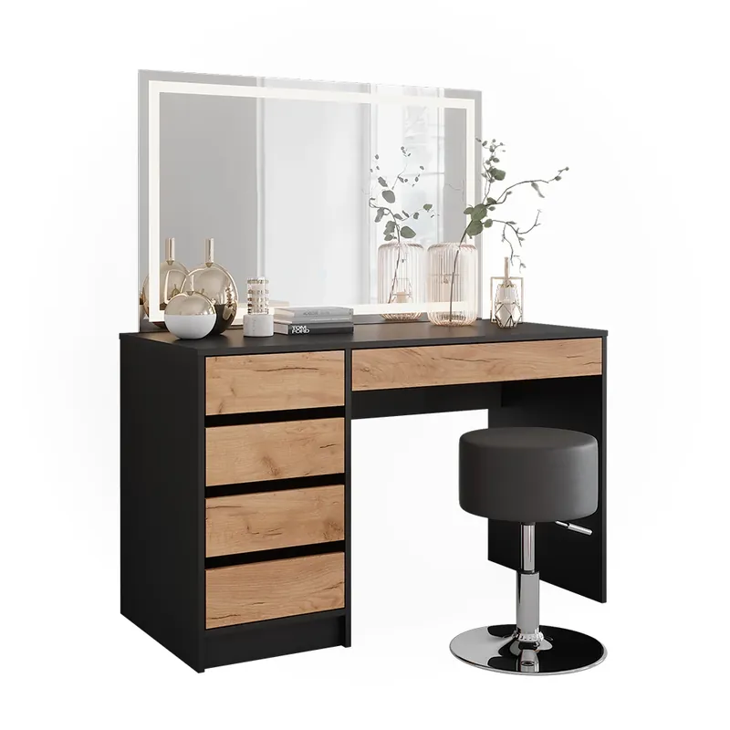 Cumpărături sigure Masă de toaletă Sherry Stejar antracit/Goldkraft 120x75 cm cu oglindă LED și taburet Vicco