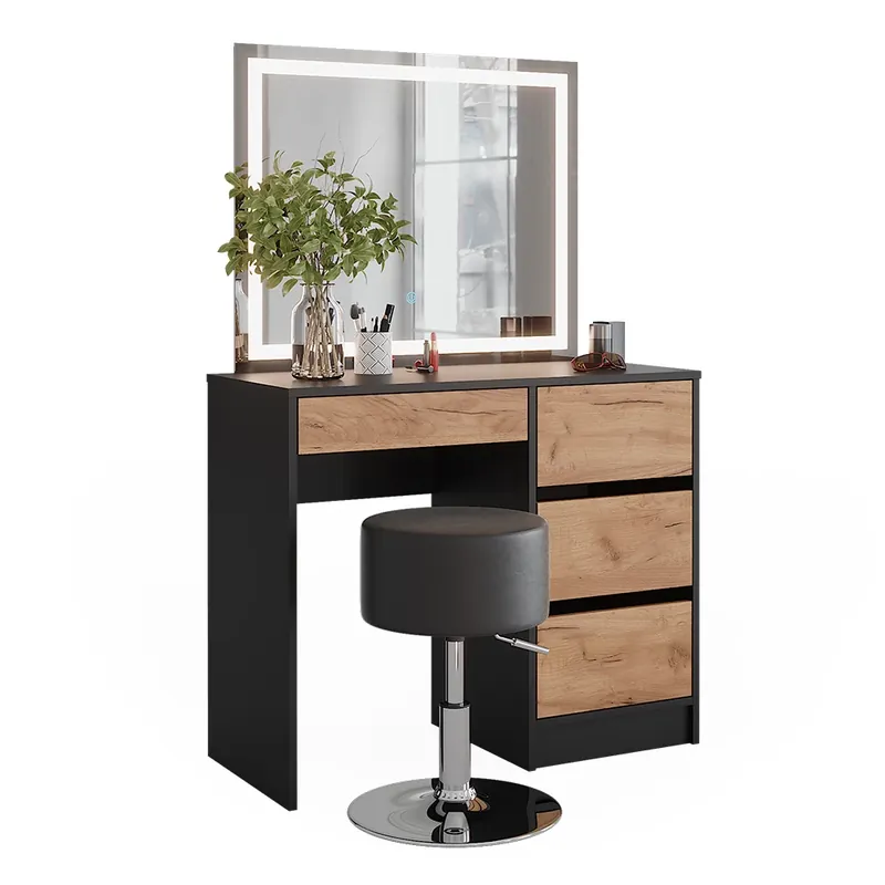 Promoție Masă de toaletă Sherry Stejar antracit/Goldkraft 90x75 cm cu oglindă LED și taburet Vicco