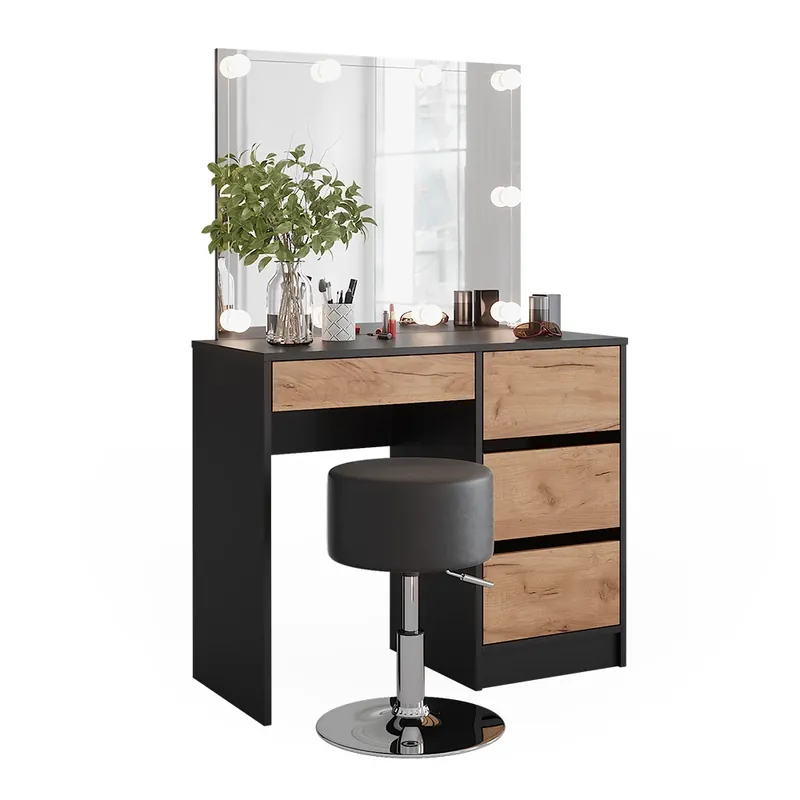Masă de toaletă Sherry Stejar antracit/Goldkraft 90x75 cm cu oglindă, iluminare LED și taburet Vicco Popular