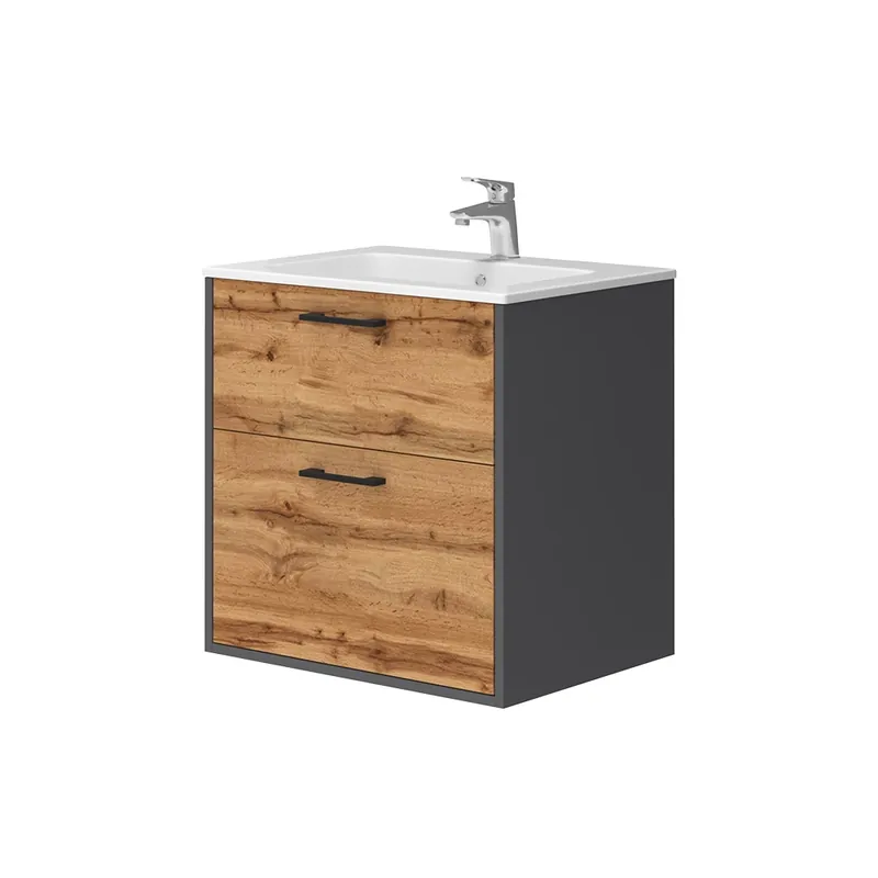 Disponibil imediat Set mobilier baie Lanco Stejar antracit/Goldkraft 61x61.5 cm cu chiuvetă Vicco