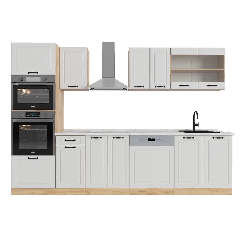 Plată sigură Kitchenette R-Line Casă de țară albă / stejar auriu 300 cm cu dulap înalt, marmură AP Vicco