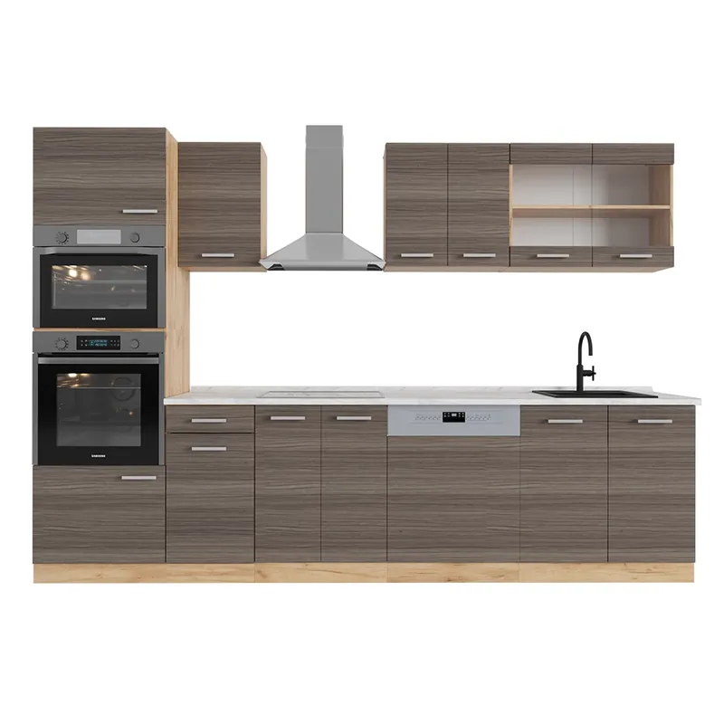 Cumpărături sigure Kitchenette R-Line Gri nobil / stejar auriu 300 cm cu dulap înalt, marmură AP Vicco