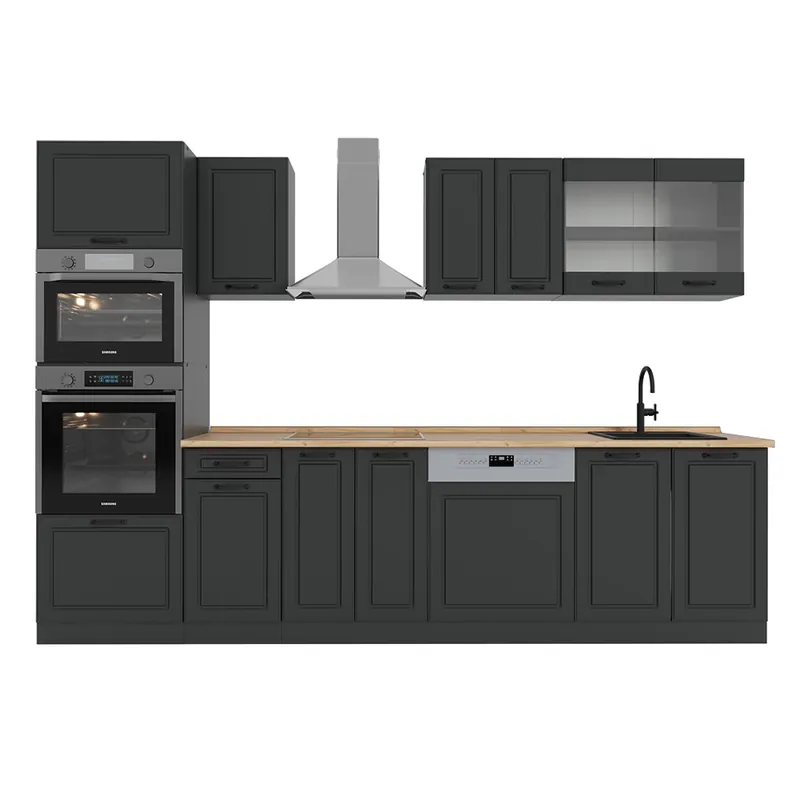 Noutate Kitchenette R-Line Casă de țară antracit/antracit 300 cm cu dulap înalt, stejar AP Vicco