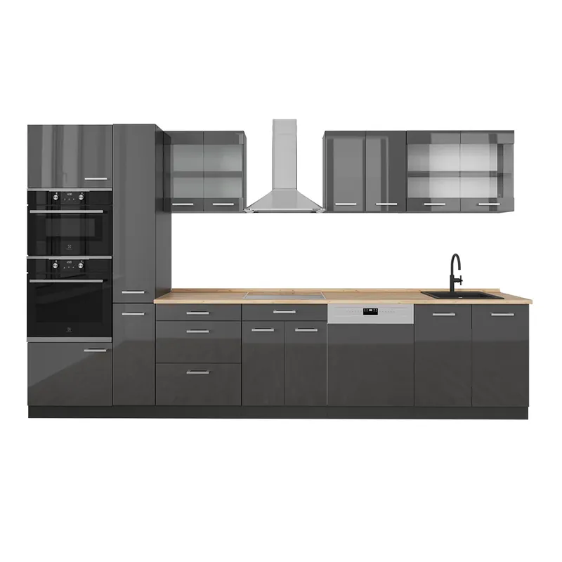 Lichidare de stoc Kitchenette R-Line Antracit lucios/antracit 350 cm fara blat Vicco