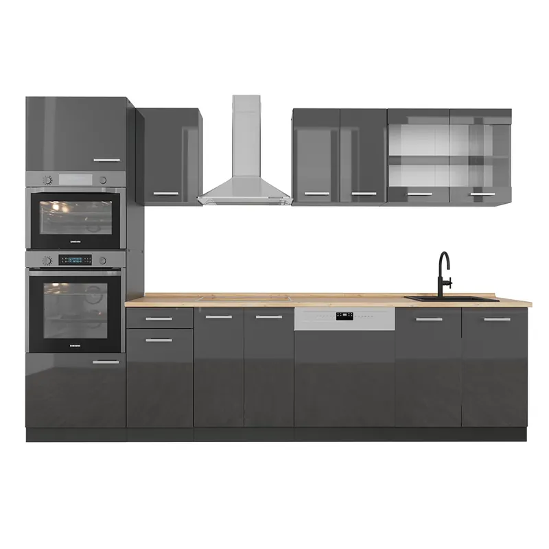 Kitchenette R-Line Antracit lucios/antracit 300 cm cu dulap înalt, stejar AP Vicco Calitate înaltă