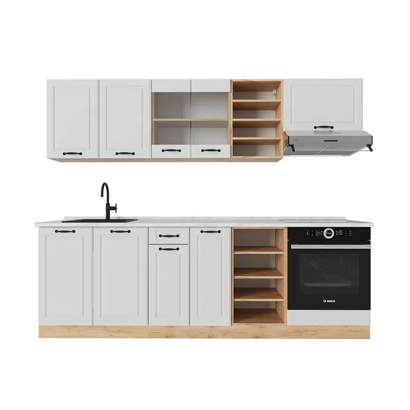 Kitchenette R-Line Casă de țară albă / stejar auriu 240 cm , AP Marmură Vicco Reducere de preț
