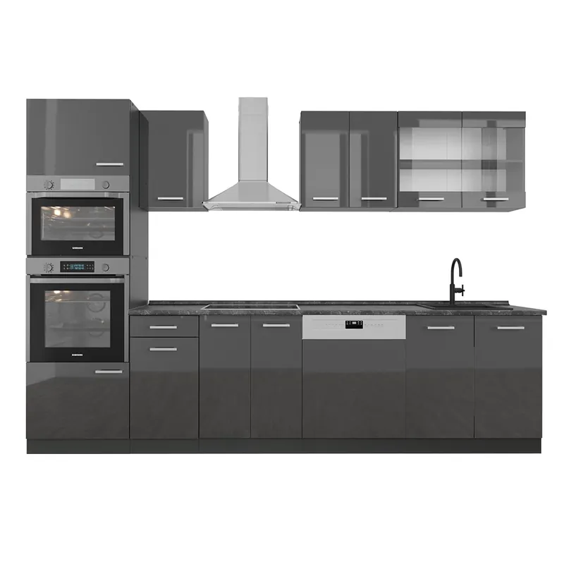 Cel mai vândut Kitchenette R-Line Antracit lucios/antracit 300 cm cu dulap înalt, AP antracit Vicco