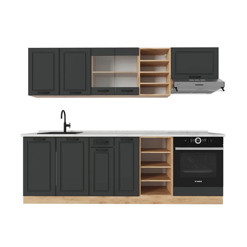 Lichidare de stoc Kitchenette R-Line Casa de țară antracit / stejar auriu 240 cm , AP Marmură Vicco
