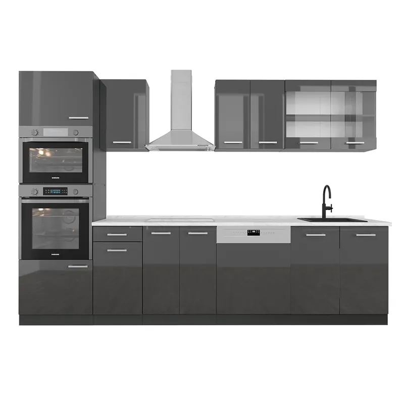 Livrare expres Kitchenette R-Line Antracit lucios/antracit 300 cm cu dulap înalt, marmură AP Vicco