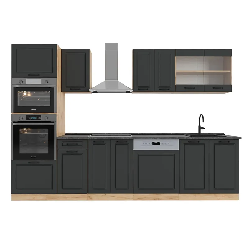 Kitchenette R-Line Casa de țară antracit / stejar auriu 300 cm cu dulap înalt, AP antracit Vicco Reducere de preț