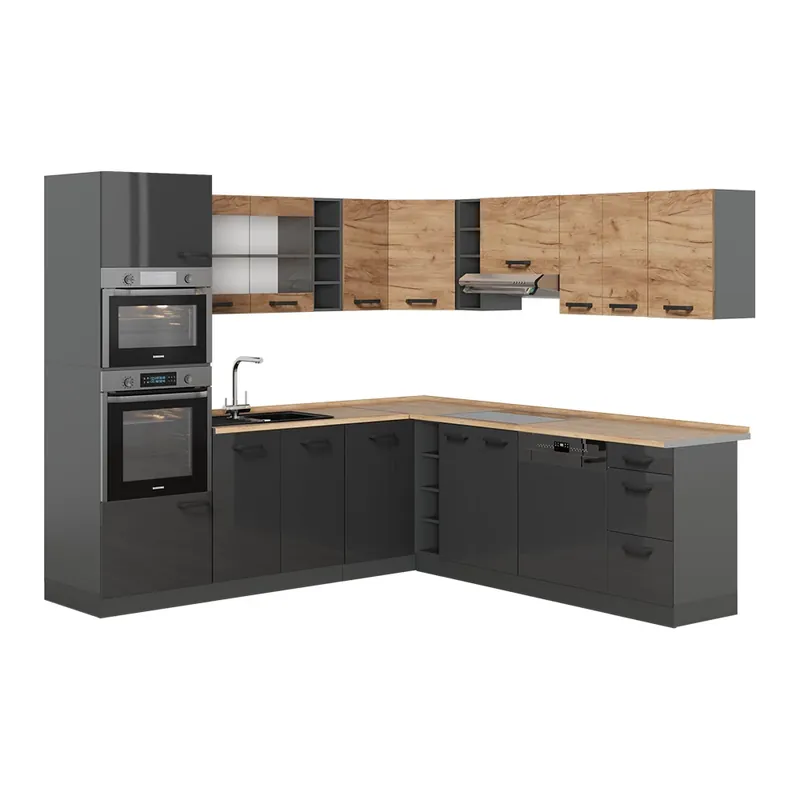 Bucătărie de colț R-Line Stejar Goldkraft/antracit 247 x 60 cm dulapuri în două culori, BL Stejar Vicco Preferatul clienților