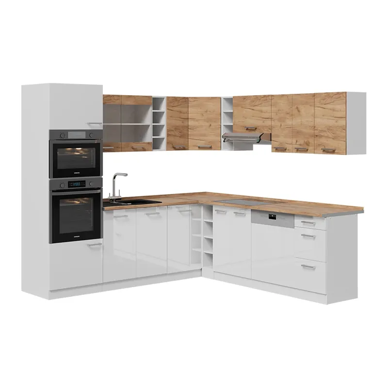 Discount Bucătărie de colț R-Line Stejar Goldkraft/alb 247 x 60 cm dulapuri în două culori, BL Stejar Vicco